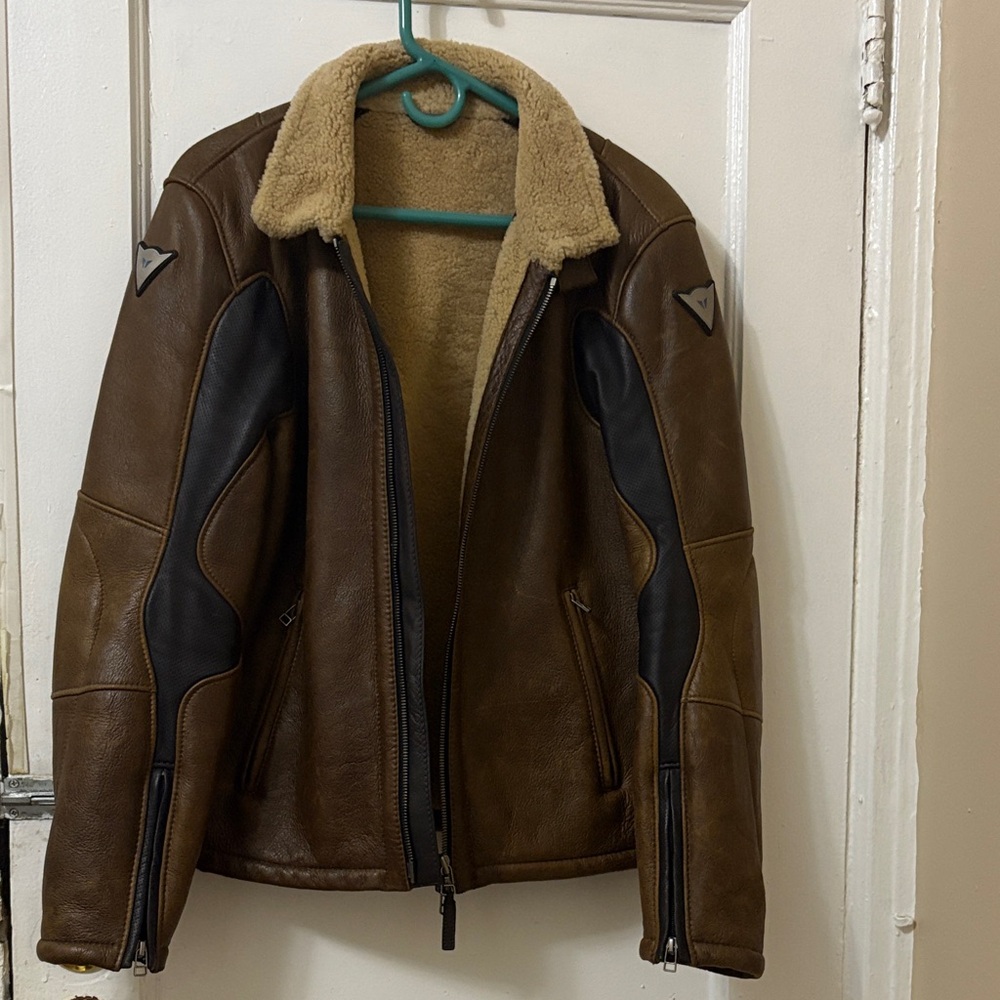 DAINESE Brown Motorcycle Leather Jacket with Shearling Collar Size: 48